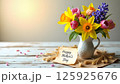 Mother's Day Bouquet with Greeting Card on Rustic Table 125925676