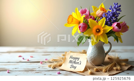 Mother's Day Bouquet with Greeting Card on Rustic Table Mother's Day Bouquet with Greeting Card on Rustic Table 125925676