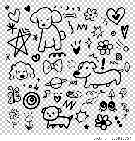 Doodle abstract hand drawn cartoon with black outline. element of dog, puppy, flower and nature for illustration 125925754