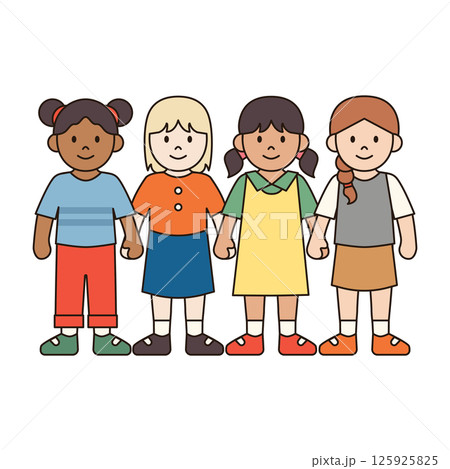 GIRLS HOLDING HANDS children illustration simple outline drawing character doodle diverse race and ethnicity people cute kawaii style GIRLS HOLDING HANDS children illustration simple outline drawing character doodle diverse race and ethnicity people cute kawaii style 125925825