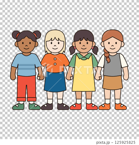 GIRLS HOLDING HANDS children illustration simple outline drawing character doodle diverse race and ethnicity people cute kawaii style GIRLS HOLDING HANDS children illustration simple outline drawing character doodle diverse race and ethnicity people cute kawaii style 125925825