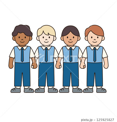 BOY STUDENTS HOLDING HANDS children illustration simple outline drawing character doodle diverse race and ethnicity people cute kawaii style BOY STUDENTS HOLDING HANDS children illustration simple outline drawing character doodle diverse race and ethnicity people cute kawaii style 125925827