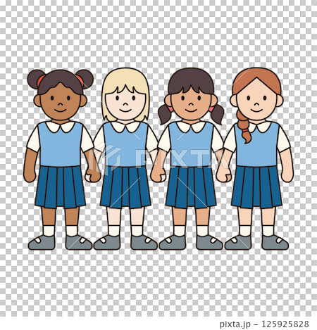 GIRL STUDENTS HOLDING HANDS children illustration simple outline drawing character doodle diverse race and ethnicity people cute kawaii style 125925828