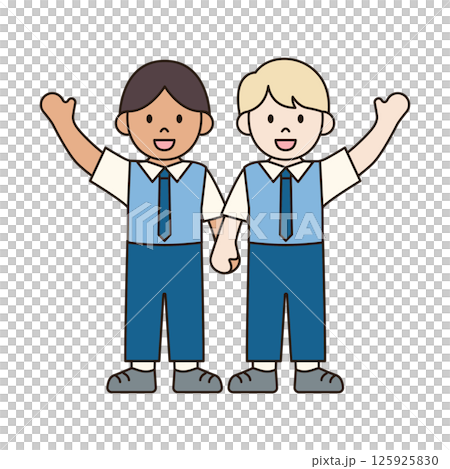 BOY STUDENTS HOLDING HANDS UP children illustration simple outline drawing character doodle diverse race and ethnicity people cute kawaii style BOY STUDENTS HOLDING HANDS UP children illustration simple outline drawing character doodle diverse race and ethnicity people cute kawaii style 125925830