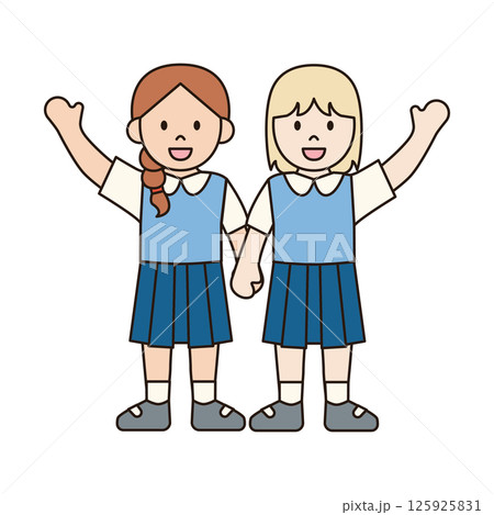 GIRL STUDENTS HOLDING HANDS UP children illustration simple outline drawing character doodle diverse race and ethnicity people cute kawaii style GIRL STUDENTS HOLDING HANDS UP children illustration simple outline drawing character doodle diverse race and ethnicity people cute kawaii style 125925831