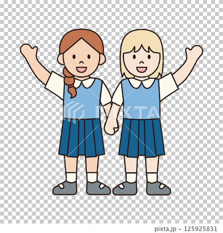 GIRL STUDENTS HOLDING HANDS UP children illustration simple outline drawing character doodle diverse race and ethnicity people cute kawaii style 125925831