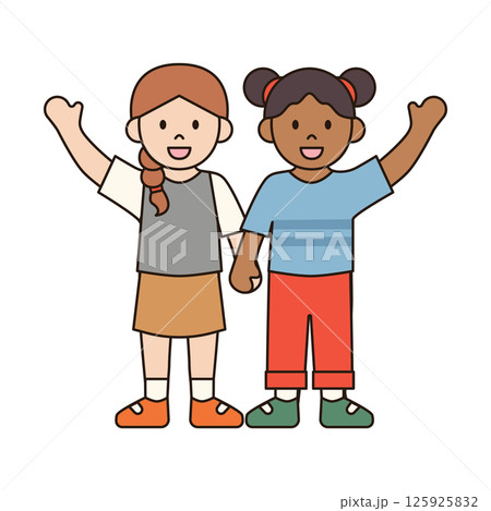GIRLS HOLDING HANDS UP children illustration simple outline drawing character doodle diverse race and ethnicity people cute kawaii style GIRLS HOLDING HANDS UP children illustration simple outline drawing character doodle diverse race and ethnicity people cute kawaii style 125925832