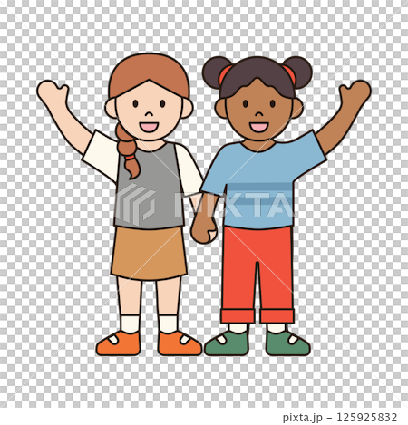 GIRLS HOLDING HANDS UP children illustration simple outline drawing character doodle diverse race and ethnicity people cute kawaii style GIRLS HOLDING HANDS UP children illustration simple outline drawing character doodle diverse race and ethnicity people cute kawaii style 125925832
