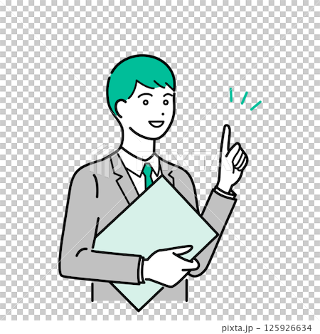 バインダーを抱えて説明するビジネススーツの男性のシンプルな上半身ベクターイラスト 125926634