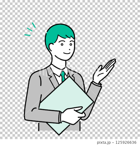 A simple upper body vector illustration of a man in a business suit holding a binder and explaining 125926636