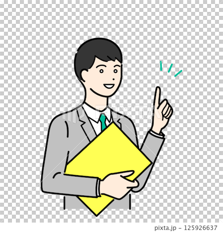 A simple upper body vector illustration of a man in a business suit holding a binder and explaining A simple upper body vector illustration of a man in a business suit holding a binder and explaining 125926637