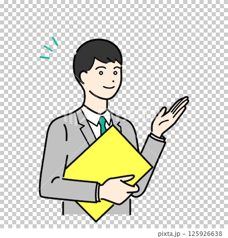 一個簡單的上身向量插圖，顯示一名身穿西裝的男子拿著活頁夾並解釋 125926638