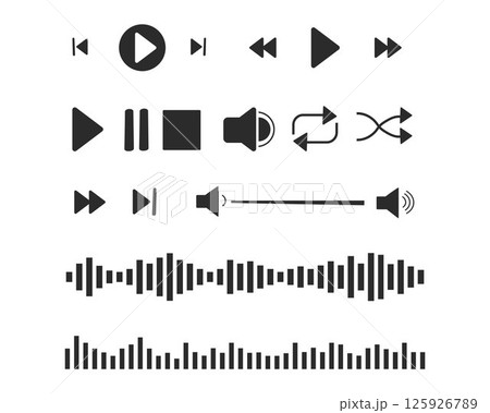Music or video play interface bar icon, voice record display set, buttons. Podcast playlist, play button. Song simple equalizer, record. 125926789