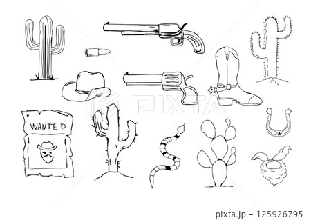 Wild west sketch set with vintage cowboy hat, gan. Desert elements cactus, sand, snake. Line hand drawn lucky horseshoe.  125926795