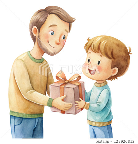 Cute little boy gives a gift to his father Father's Day White background 125926812