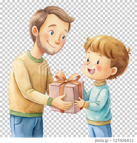 Cute little boy gives a gift to his father Father's Day White background 125926812
