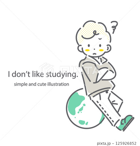 社会科の勉強を毛嫌いする小学生　シンプルでかわいい線画イラスト 125926852