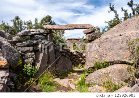 Pre-Inca archaeological site on Taquile Island, Lake Titicaca, Peru 125926903