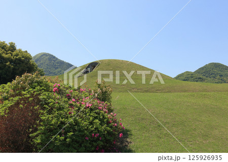 善通寺市の有岡古墳群の王墓山古墳墳丘（左後ろは我拝師山、右は筆の山） 125926935