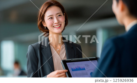 【AI生成画像】タブレットを見せながら説明しているスーツの女性 125926936
