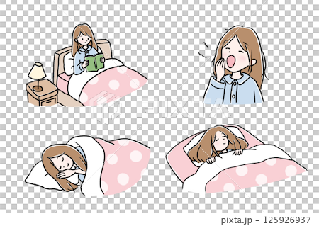 Set of long-haired woman going to bed, yawning, reading in bed 125926937