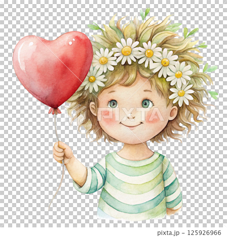 A cute girl wearing a flower crown on her head and holding a heart balloon A cute girl wearing a flower crown on her head and holding a heart balloon 125926966