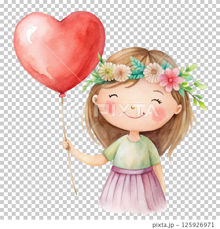 A cute girl wearing a flower crown on her head and holding a heart balloon A cute girl wearing a flower crown on her head and holding a heart balloon 125926971