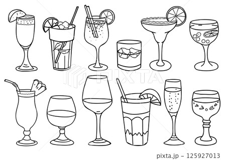 Alcoholic Drink set. Cocktails, Wine, Whiskey, Cognac. Hand drawn Vector illustration in Doodle style. For restaurant menus and graphic design projects. Alcoholic Drink set. Cocktails, Wine, Whiskey, Cognac. Hand drawn Vector illustration in Doodle style. For restaurant menus and graphic design projects. 125927013