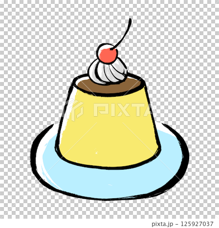 A brush-drawn illustration of a pudding topped with cherries 125927037