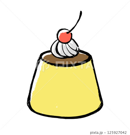 筆タッチのさくらんぼののったプリンのイラスト 125927042