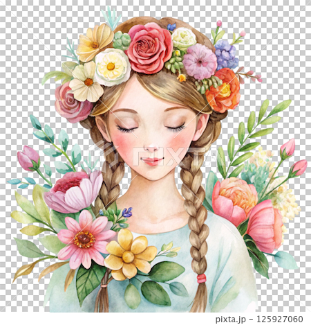 A cute little girl with a flower crown on her head, standing holding a giant bouquet of flowers A cute little girl with a flower crown on her head, standing holding a giant bouquet of flowers 125927060