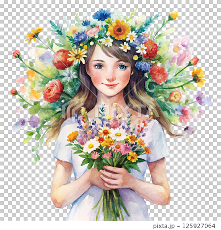 A cute little girl with a flower crown on her head, standing holding a giant bouquet of flowers 125927064