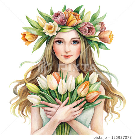 A cute little girl with a flower crown on her head, standing holding a giant bouquet of flowers 125927078