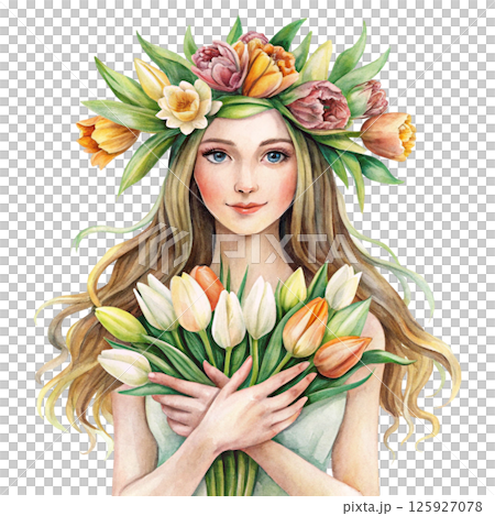 A cute little girl with a flower crown on her head, standing holding a giant bouquet of flowers 125927078