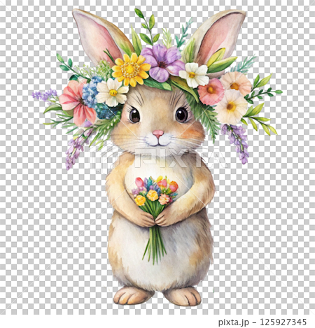 Cute animals with a flower crown on her head, standing holding a giant bouquet of flowers 125927345
