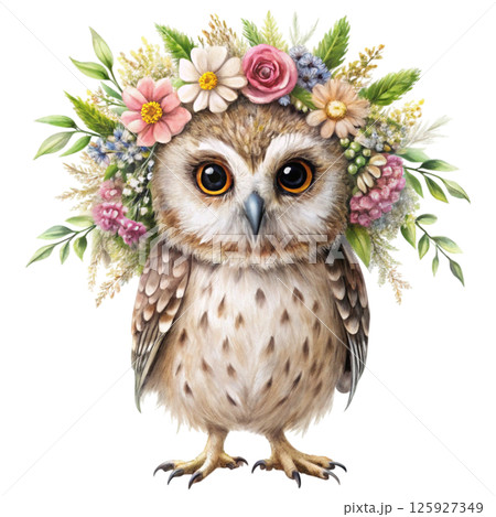 Cute animals with a flower crown on her head, standing holding a giant bouquet of flowers 125927349