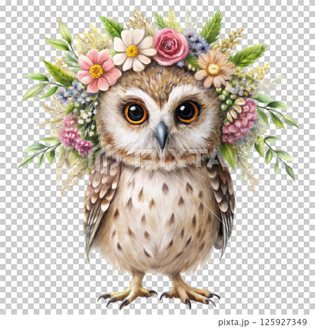 Cute animals with a flower crown on her head, standing holding a giant bouquet of flowers 125927349