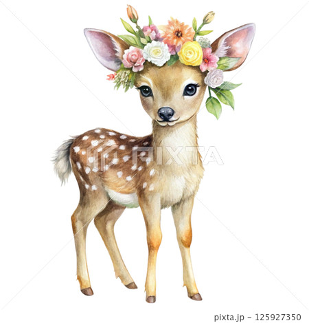 Cute animals with a flower crown on her head, standing holding a giant bouquet of flowers 125927350