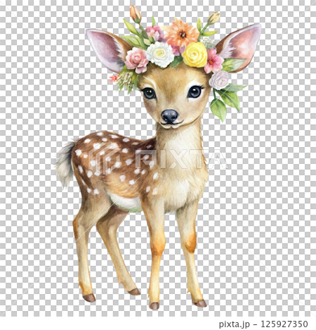 Cute animals with a flower crown on her head, standing holding a giant bouquet of flowers 125927350
