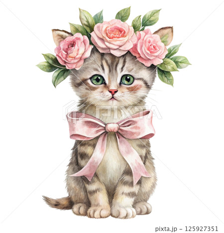 Cute animals with a flower crown on her head, standing holding a giant bouquet of flowers 125927351