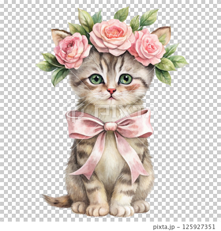 Cute animals with a flower crown on her head, standing holding a giant bouquet of flowers 125927351