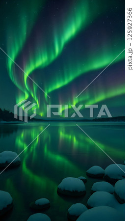 Northern Lights over frozen lake 125927366