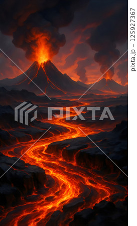 volcano lava flow smoke black rock terrain 125927367