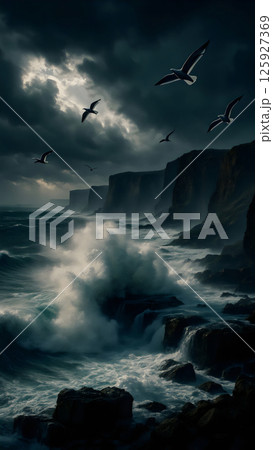 Coastal cliffs during a storm 125927369