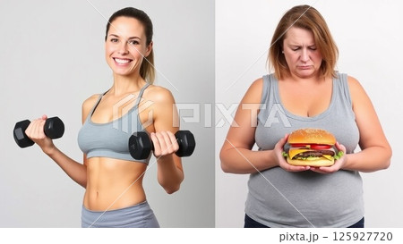 ダンベルをもってトレーニングする人とハンバーガーをもっている人 125927720
