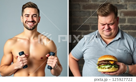 ダンベルをもってトレーニングする人とハンバーガーをもっている人 125927722