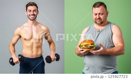 ダンベルをもってトレーニングする人とハンバーガーをもっている人 125927723