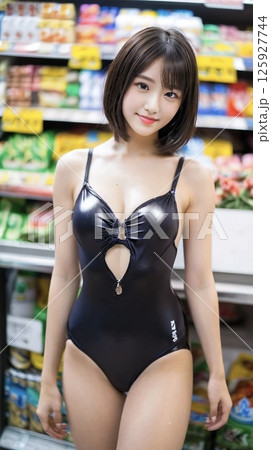 ワンピース水着姿のスリムな女性（スーパーマーケットで） 125927744