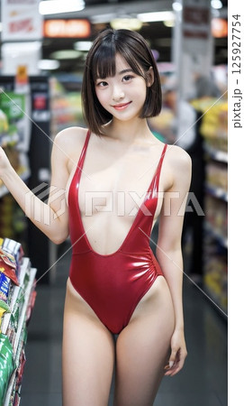 スリングショット水着姿のスリムな女性（スーパーマーケットで） 125927754