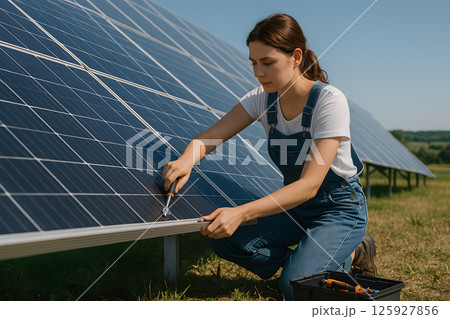 Woman in overalls fixing solar panel with wrench on sunny field during maintenance of photovoltaic system for sustainable energy generation 125927856